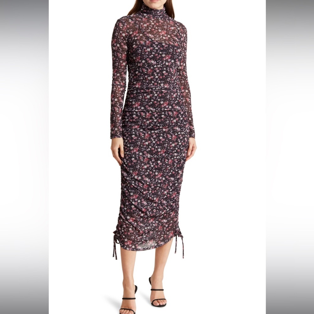 WAYF ruched turtleneck floral long sleeve midi dress